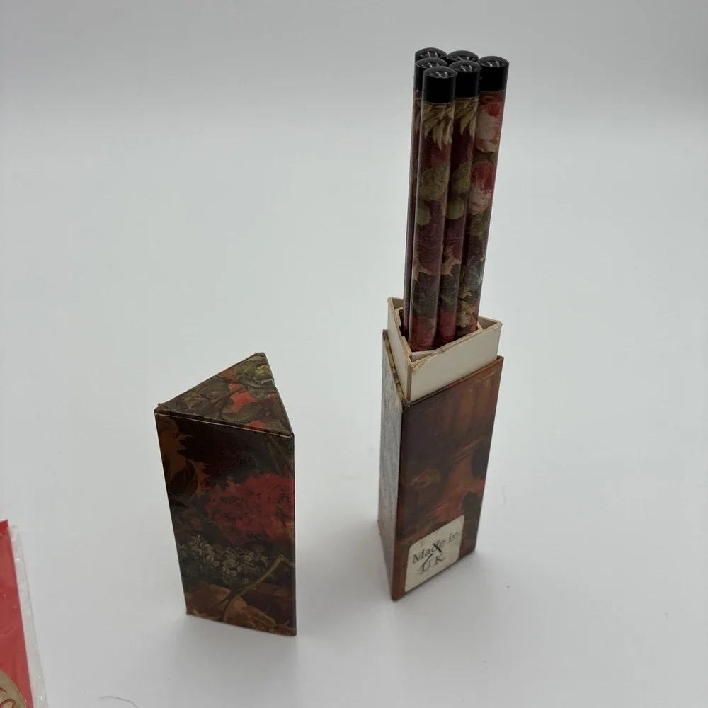 Vintage Floral Pencil Set with Triangular Case Made in UK 6 Piece Unsharpened